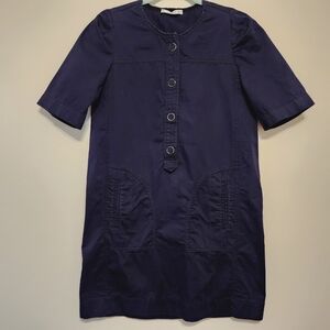 Mango Navy Blue Short Sleeve Snap Button Front Mini Cotton Dress